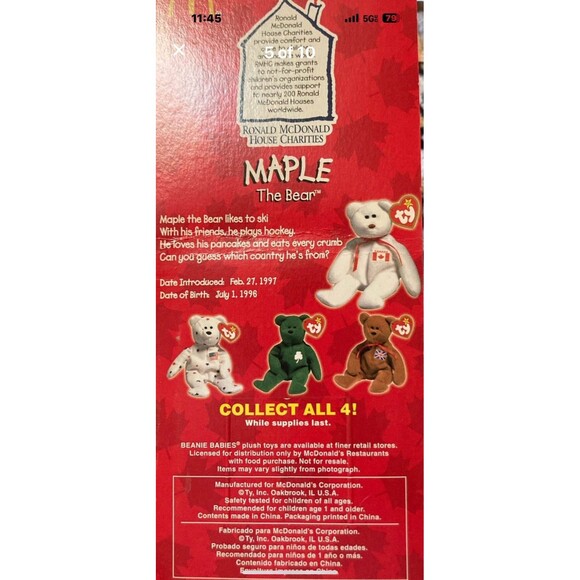 TY McDonalds Beanie Baby Erin Maple Britannia Glory the Bear1999 FULL Set of 4 - Picture 5 of 12